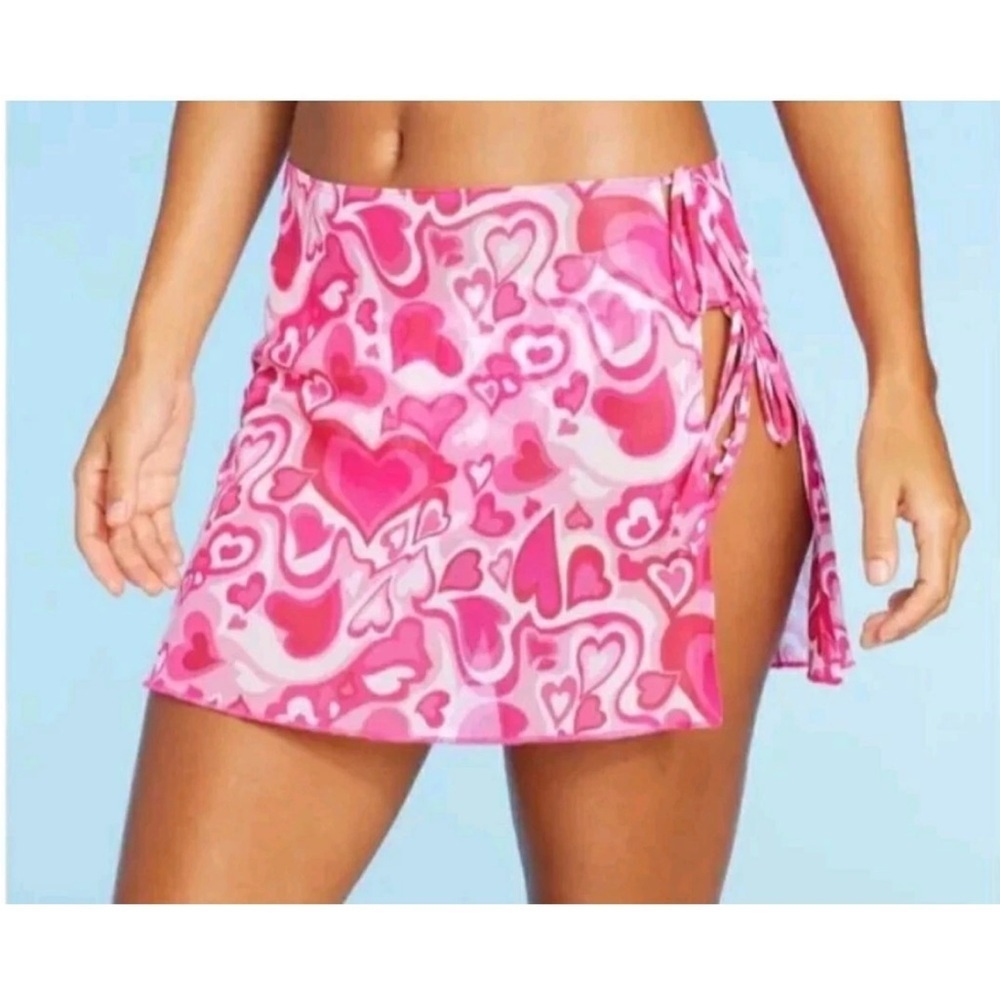 Wild Fable Women's Mesh Side Tie Cover Up Skirt Pink Heart
Print